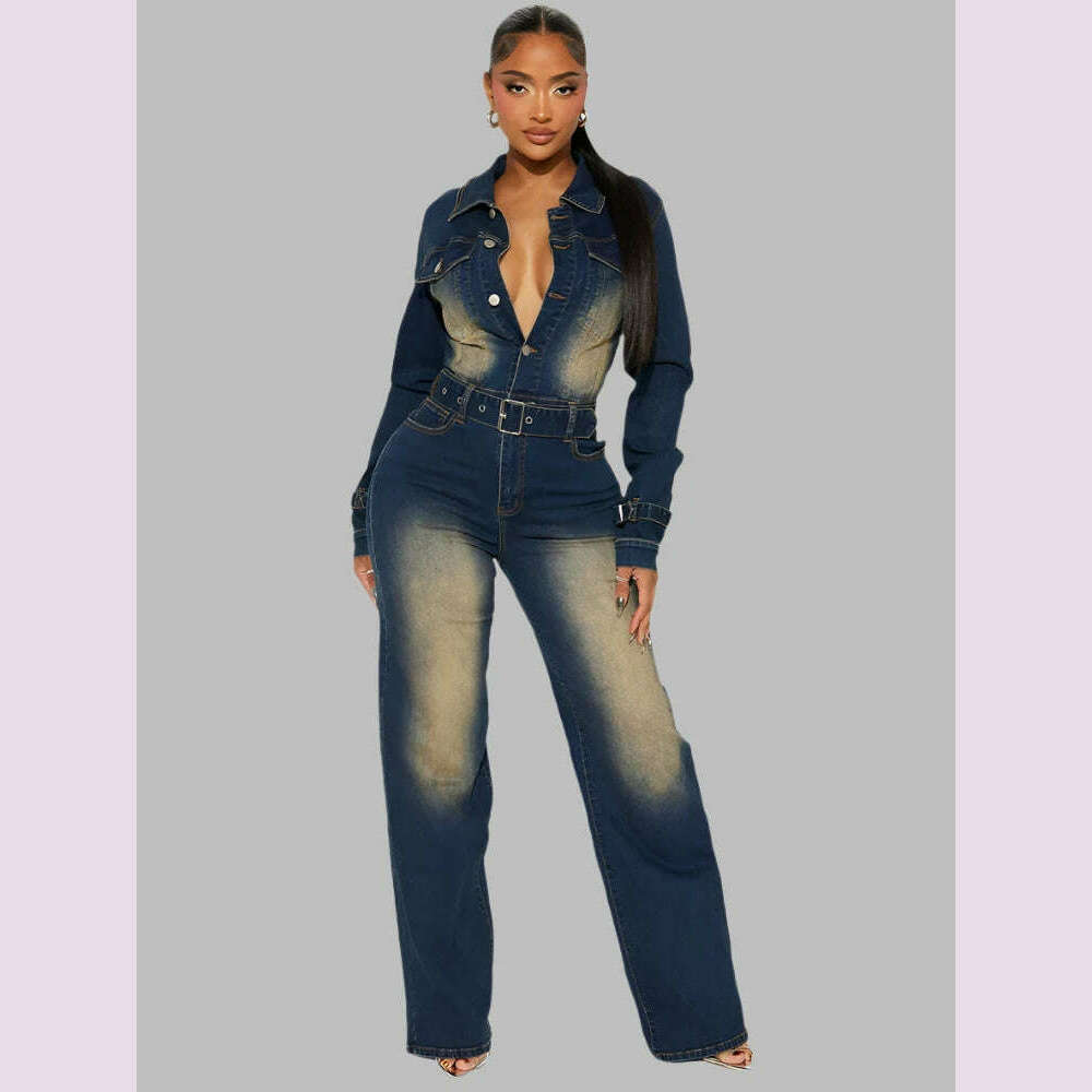 Mlaiscsr Stretch Denim One Piece Jumpsuits with Belt Women Clothes Winter Long Sleeve Lapel Washed Jean Romper Birthday Overalls - KIMLUD