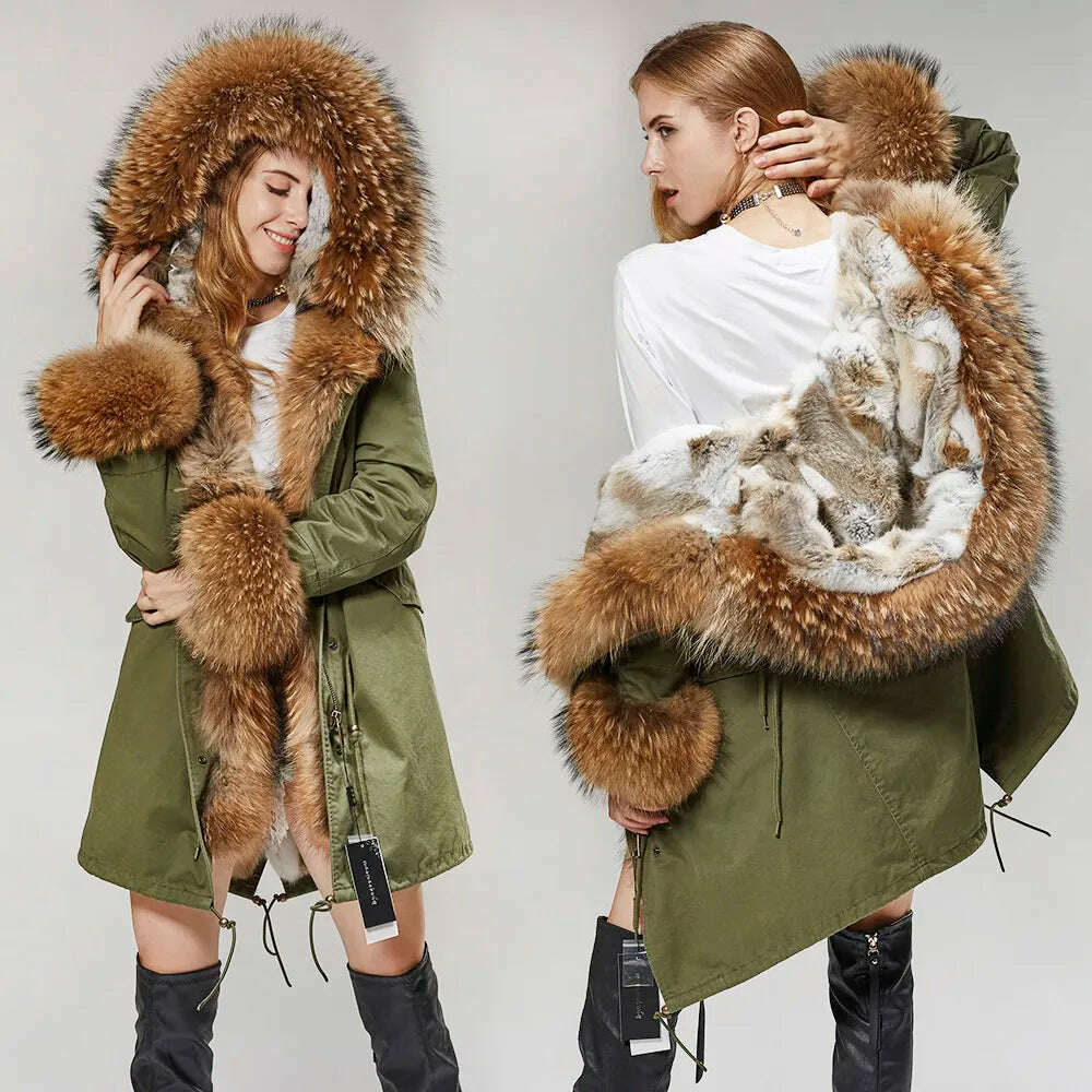 MMK fashion women's parka coat rabbit fur lining big raccoon fur collar winter coat jacket long hooded army green season warm ja - KIMLUD