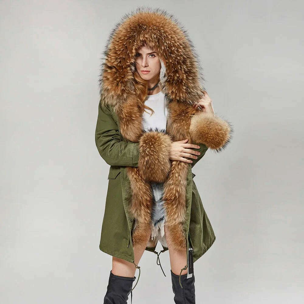 KIMLUD, MMK fashion women's parka coat rabbit fur lining big raccoon fur collar winter coat jacket long hooded army green season warm ja, 1 / S, KIMLUD Womens Clothes