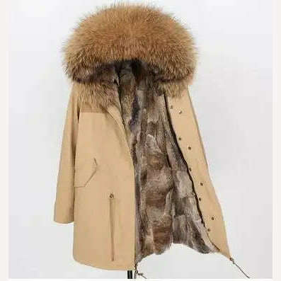 KIMLUD, MMK fashion women's parka coat rabbit fur lining big raccoon fur collar winter coat jacket long hooded army green season warm ja, 36 / S, KIMLUD Womens Clothes