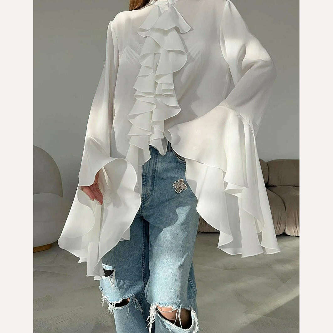 Mnealways18 Chiffon White Ruffled Shirts For Women Flare Sleeve Oversize Laminated Flounces Elegant Blouses And Tops Spring 2024 - KIMLUD