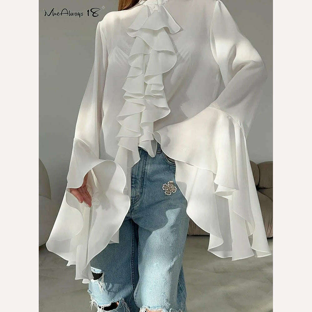 KIMLUD, Mnealways18 Chiffon White Ruffled Shirts For Women Flare Sleeve Oversize Laminated Flounces Elegant Blouses And Tops Spring 2024, White / S, KIMLUD Womens Clothes
