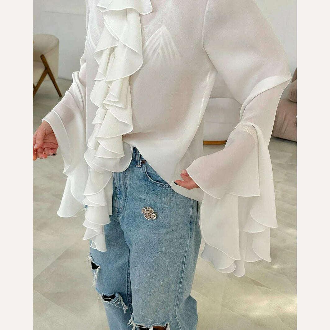 KIMLUD, Mnealways18 Chiffon White Ruffled Shirts For Women Flare Sleeve Oversize Laminated Flounces Elegant Blouses And Tops Spring 2024, KIMLUD Women's Clothes