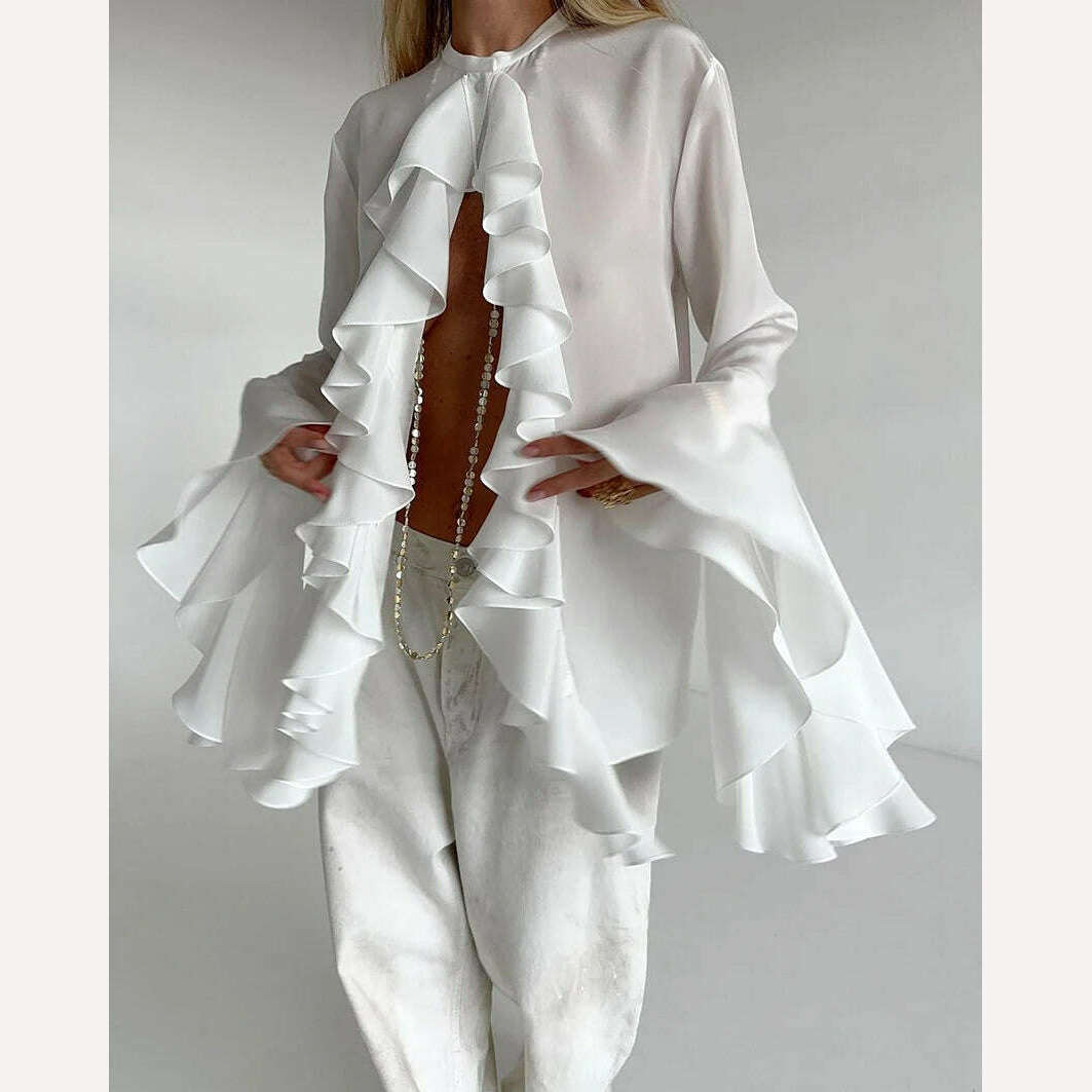 KIMLUD, Mnealways18 Chiffon White Ruffled Shirts For Women Flare Sleeve Oversize Laminated Flounces Elegant Blouses And Tops Spring 2024, KIMLUD Women's Clothes