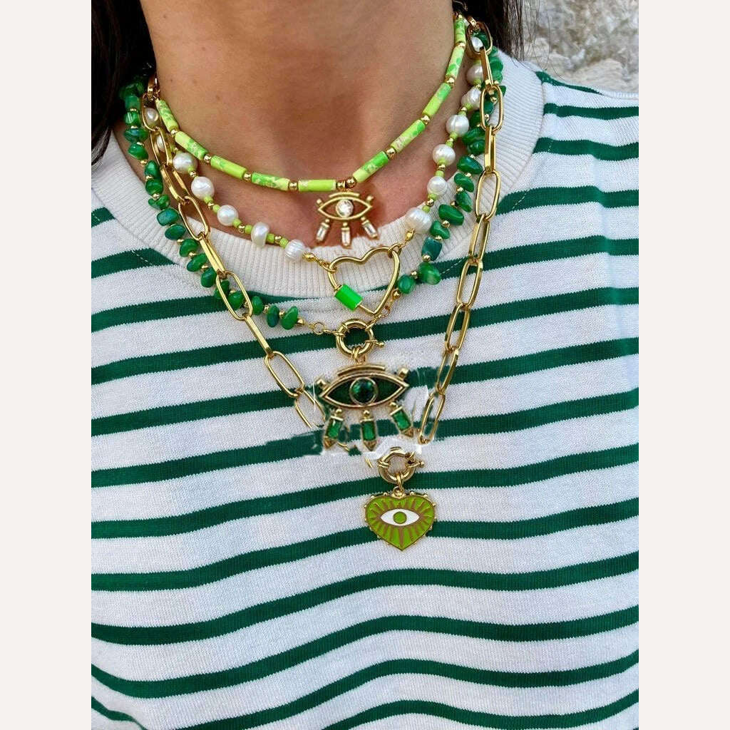 KIMLUD, Moda shell flower pendant necklace heart pearl evil eye charm Women Girls Party Jewelry Collier buddha Neck Accessory Vintage, KIMLUD Womens Clothes