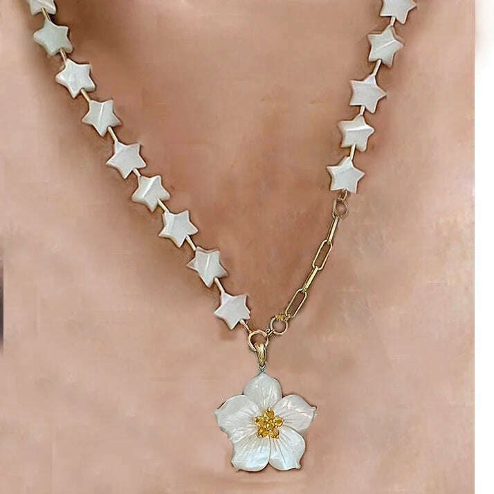 KIMLUD, Moda shell flower pendant necklace heart pearl evil eye charm Women Girls Party Jewelry Collier buddha Neck Accessory Vintage, necklace 19, KIMLUD APPAREL - Womens Clothes