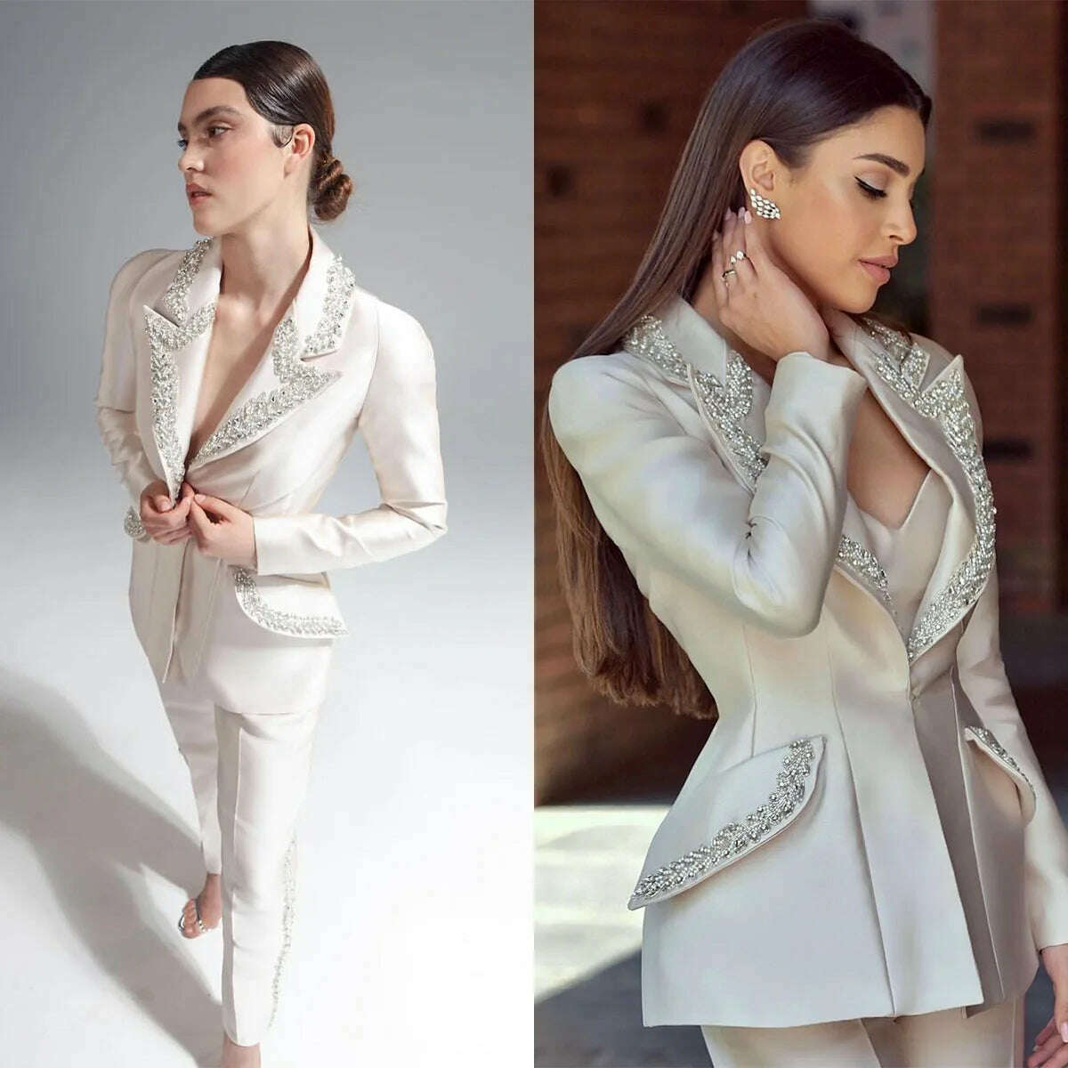 Modern Crystal Women Suits 2 Pieces One Button Shiny Pocket Blazer Custom Made Fashion Slim Fit Elegant Celebrity Jacket - KIMLUD