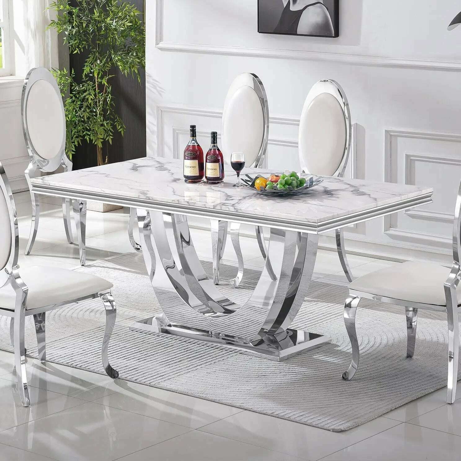 Modern Marble Dining Table, Luxurious Kitchen Table, Equipped with A Golden Geometric U-shaped Stainless Steel Base - KIMLUD