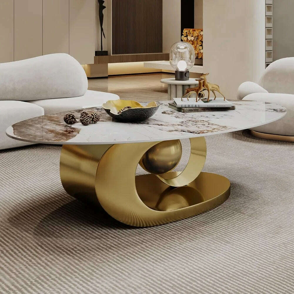 KIMLUD, Modern Oval Stone Coffee Table with Gold Metal Base - Elegant Centerpiece for Stylish Living Rooms - 55.1" Lx31.5 Wx16 H, KIMLUD Womens Clothes