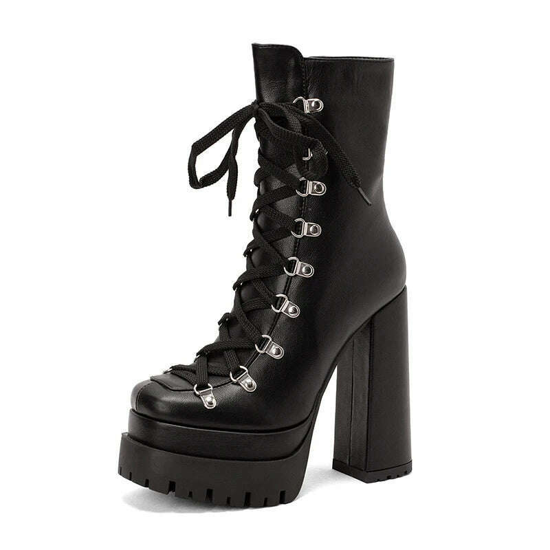 KIMLUD, Modern Western Mature Punk Goth Female Winter Super Block High Heeled Shoes Plus Size 43 Square Toe Lace-up Platform Heels Boots, black / 5, KIMLUD Women's Clothes