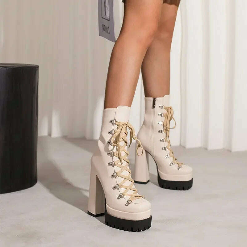 KIMLUD, Modern Western Mature Punk Goth Female Winter Super Block High Heeled Shoes Square Toe Lace-up Platform Heels Boots, KIMLUD Womens Clothes