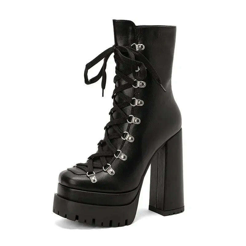KIMLUD, Modern Western Mature Punk Goth Female Winter Super Block High Heeled Shoes Square Toe Lace-up Platform Heels Boots, black / 34, KIMLUD APPAREL - Womens Clothes