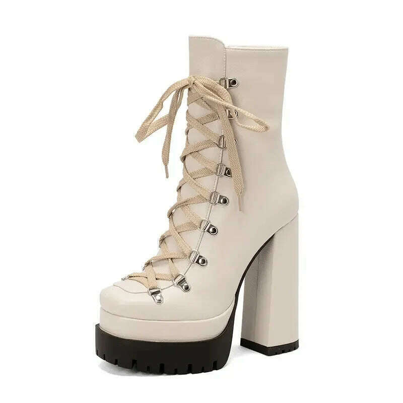 KIMLUD, Modern Western Mature Punk Goth Female Winter Super Block High Heeled Shoes Square Toe Lace-up Platform Heels Boots, Beige / 34, KIMLUD APPAREL - Womens Clothes
