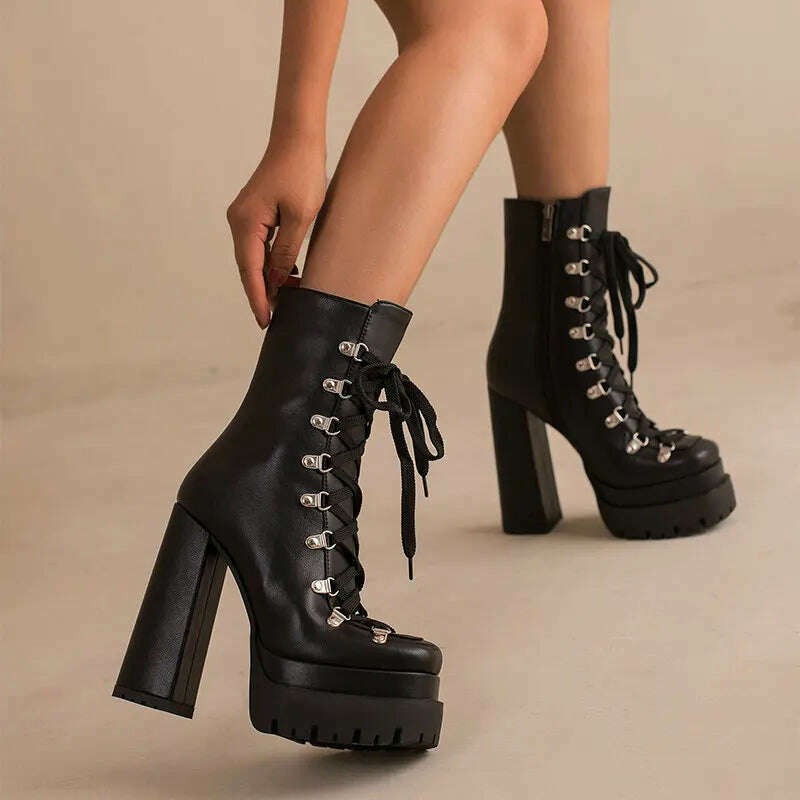 KIMLUD, Modern Western Mature Punk Goth Female Winter Super Block High Heeled Shoes Square Toe Lace-up Platform Heels Boots, KIMLUD Womens Clothes