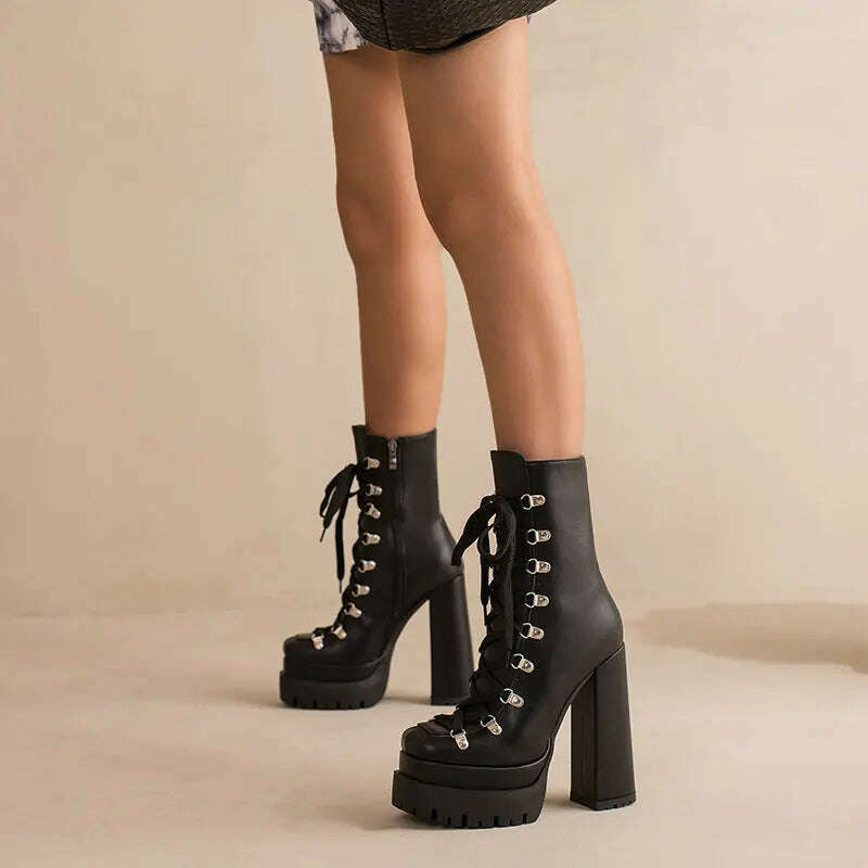KIMLUD, Modern Western Mature Punk Goth Female Winter Super Block High Heeled Shoes Square Toe Lace-up Platform Heels Boots, KIMLUD Womens Clothes