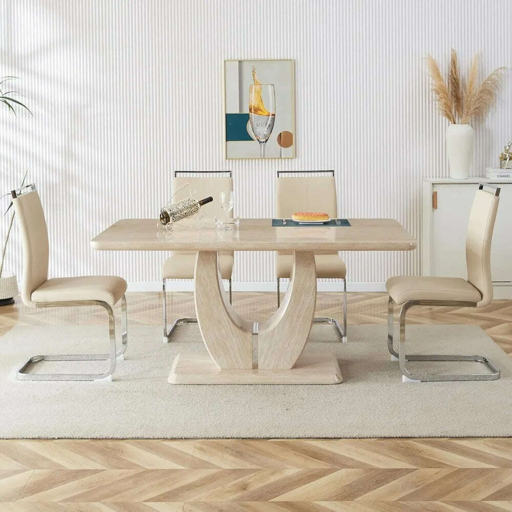 Modern Wooden Dining Table Set for6,Rectangula Kitchen Table Set with Faux Marble Tabletop＆6 Pu Leather Upholstered Chairs Ideal - KIMLUD