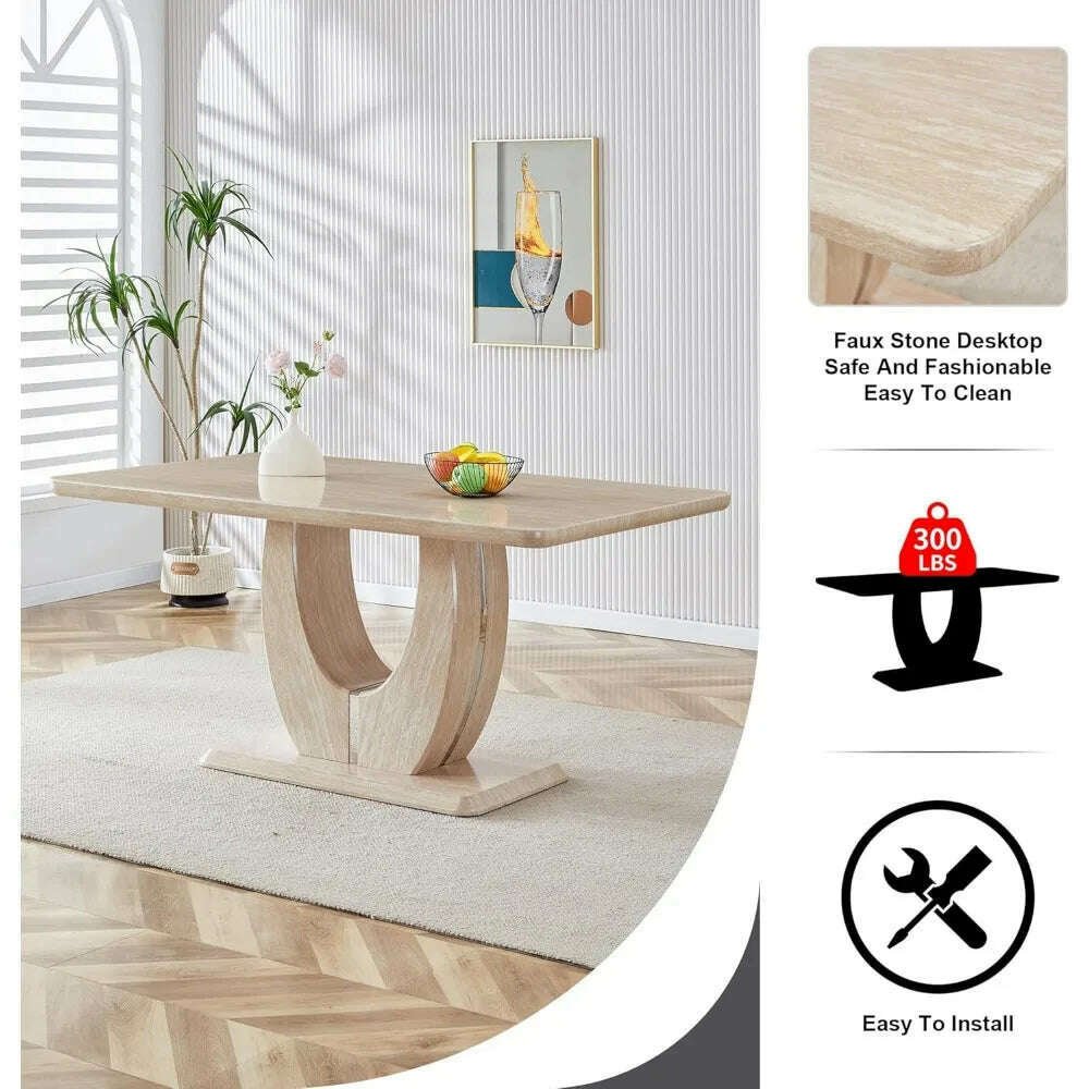 Modern Wooden Dining Table Set for6,Rectangula Kitchen Table Set with Faux Marble Tabletop＆6 Pu Leather Upholstered Chairs Ideal - KIMLUD