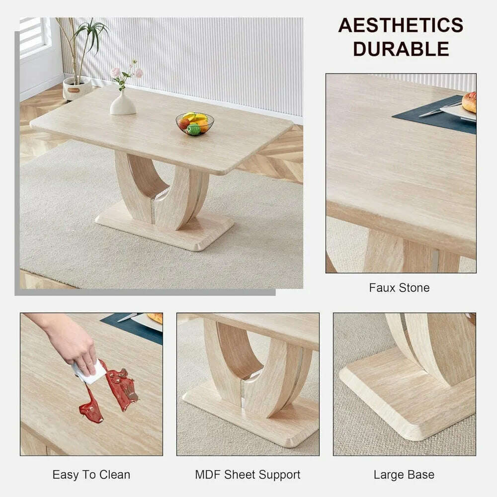 Modern Wooden Dining Table Set for6,Rectangula Kitchen Table Set with Faux Marble Tabletop＆6 Pu Leather Upholstered Chairs Ideal - KIMLUD