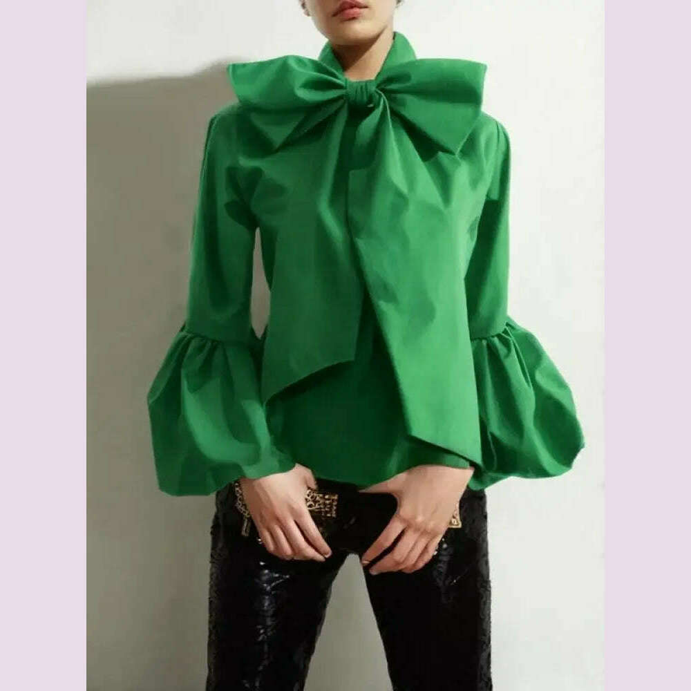 KIMLUD, Modigirl Bowknot High Collar Shirt for Women 2024 New Lantern Sleeve Fit Solid Green Blouse Urban Women's Fashion Commuter Top, KIMLUD Womens Clothes