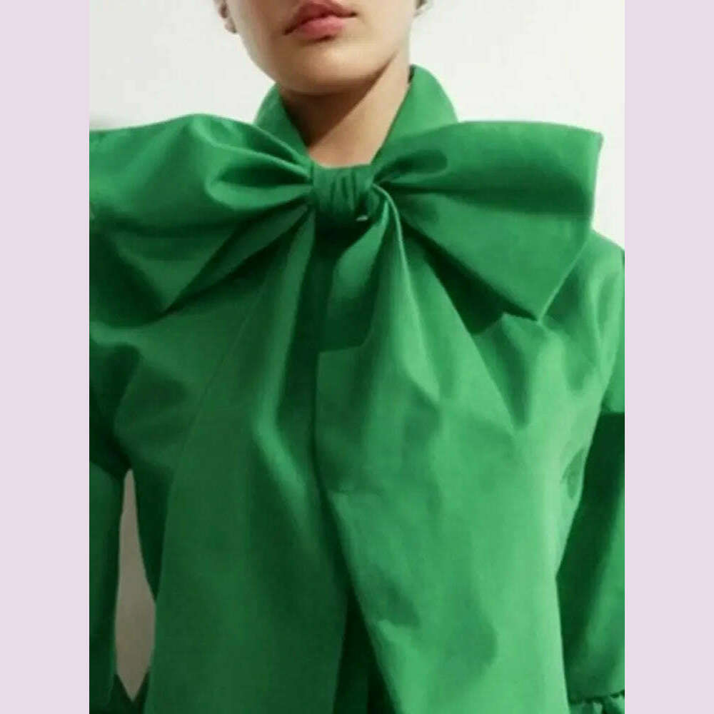 KIMLUD, Modigirl Bowknot High Collar Shirt for Women 2024 New Lantern Sleeve Fit Solid Green Blouse Urban Women's Fashion Commuter Top, KIMLUD Womens Clothes