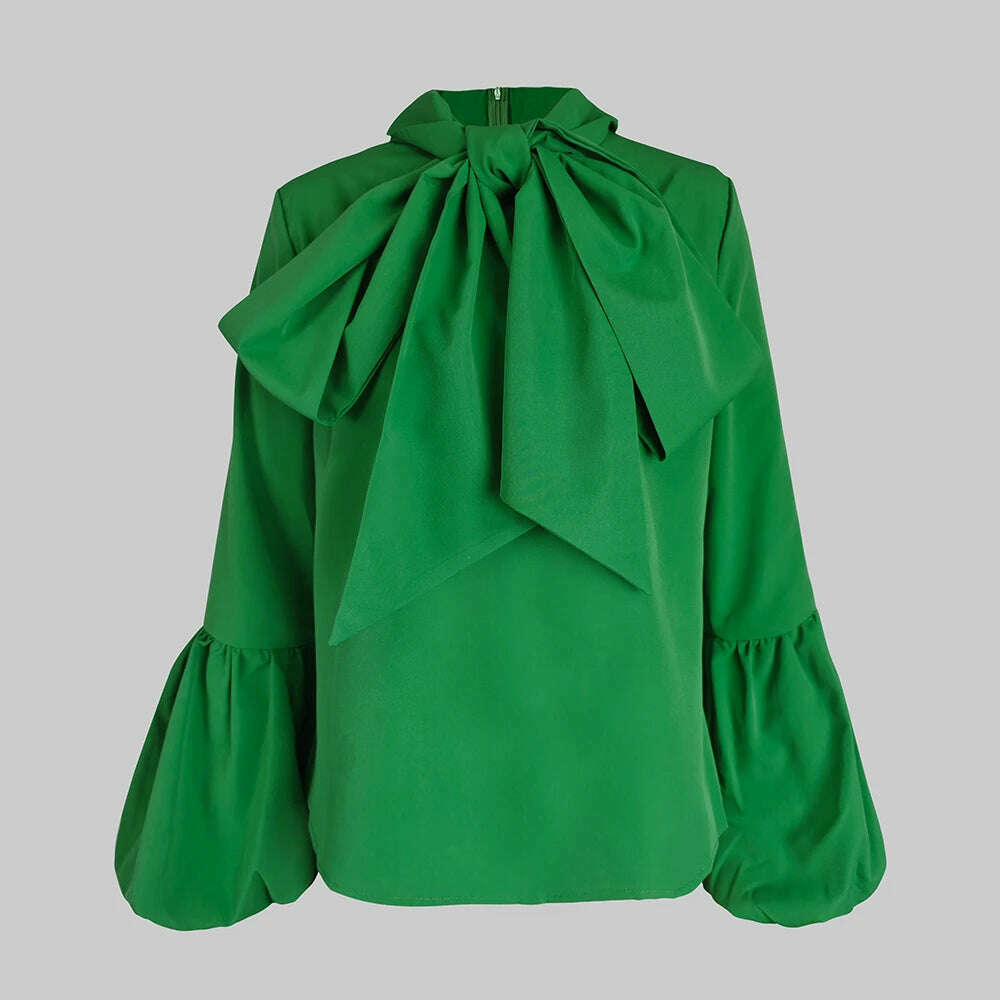 KIMLUD, Modigirl Bowknot High Collar Shirt for Women 2024 New Lantern Sleeve Fit Solid Green Blouse Urban Women's Fashion Commuter Top, KIMLUD Womens Clothes