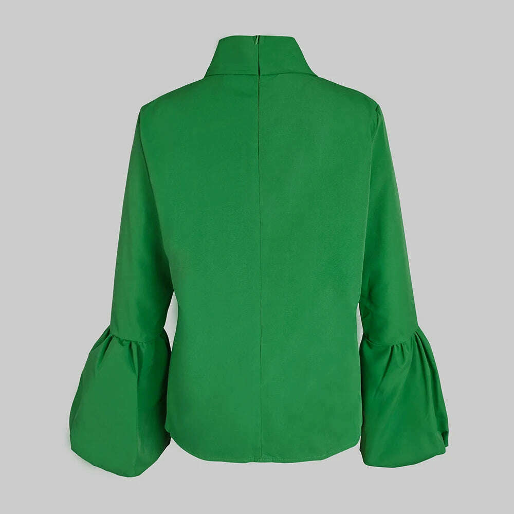KIMLUD, Modigirl Bowknot High Collar Shirt for Women 2024 New Lantern Sleeve Fit Solid Green Blouse Urban Women's Fashion Commuter Top, KIMLUD Womens Clothes