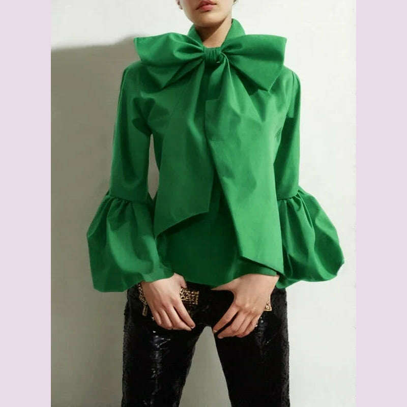 KIMLUD, Modigirl Bowknot High Collar Shirt for Women 2024 New Lantern Sleeve Fit Solid Green Blouse Urban Women's Fashion Commuter Top, green / XL, KIMLUD APPAREL - Womens Clothes