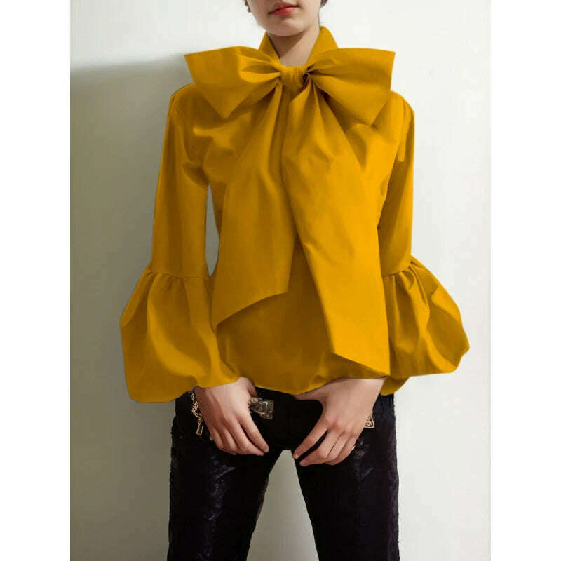 KIMLUD, Modigirl Bowknot High Collar Shirt for Women 2024 New Lantern Sleeve Fit Solid Green Blouse Urban Women's Fashion Commuter Top, Yellow / M, KIMLUD APPAREL - Womens Clothes