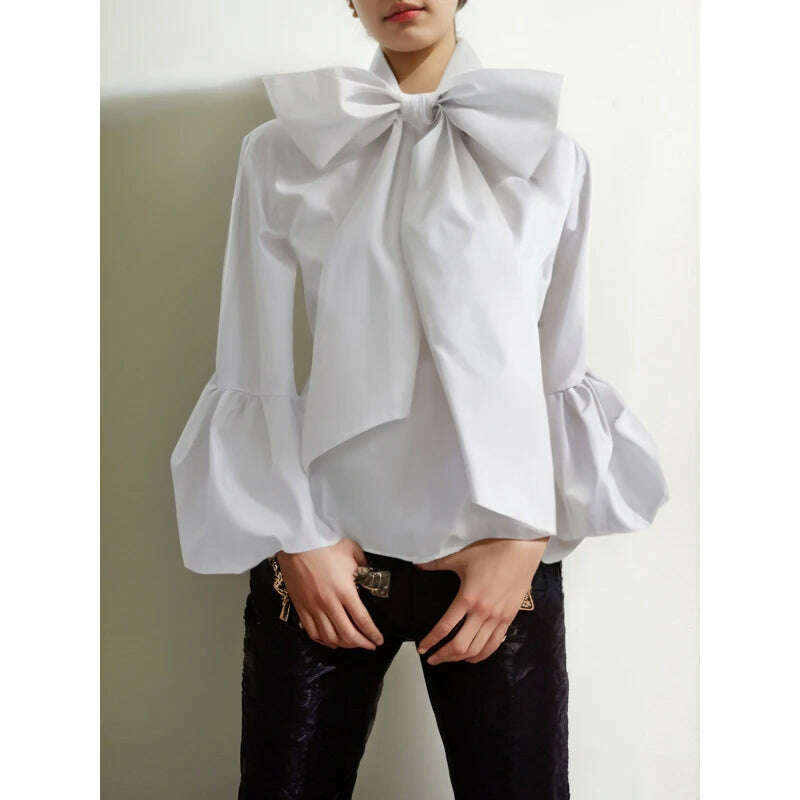 KIMLUD, Modigirl Bowknot High Collar Shirt for Women 2024 New Lantern Sleeve Fit Solid Green Blouse Urban Women's Fashion Commuter Top, WHITE / S, KIMLUD APPAREL - Womens Clothes