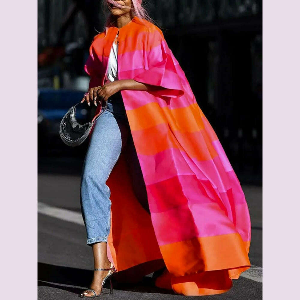 Modigirl Fall Clothes 2024 Women Outerwear Trench Autumn New Fashion Loose Short Sleeves Contrast Striped Women's Long Jackets - KIMLUD