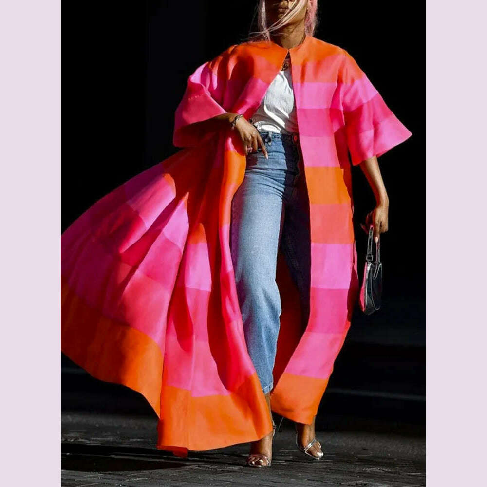 Modigirl Fall Clothes 2024 Women Outerwear Trench Autumn New Fashion Loose Short Sleeves Contrast Striped Women's Long Jackets - KIMLUD