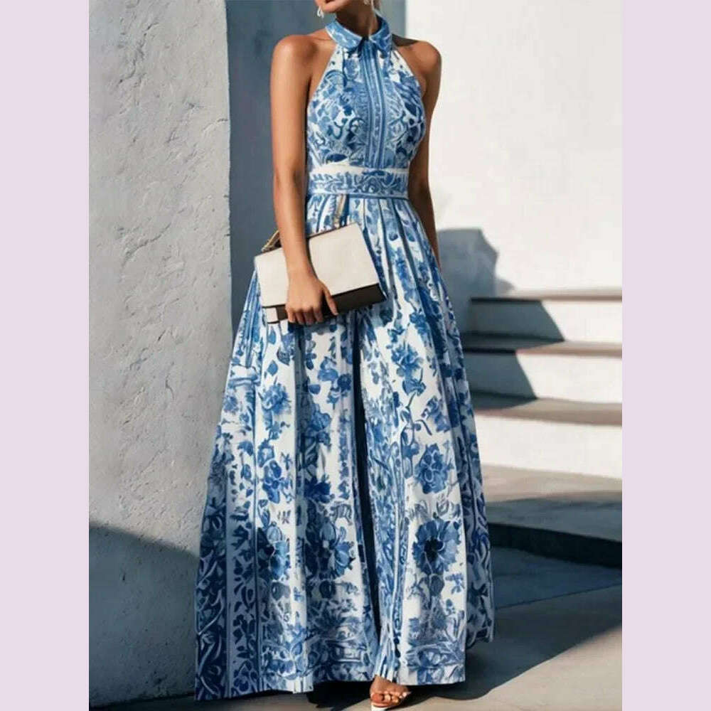 KIMLUD, Modigirl Women Elegant Party Evening Long Dresses 2024 Summer Sleeveless Vintage Blue Flower Printed Lapel A-Line Dress Vestidos, KIMLUD Womens Clothes