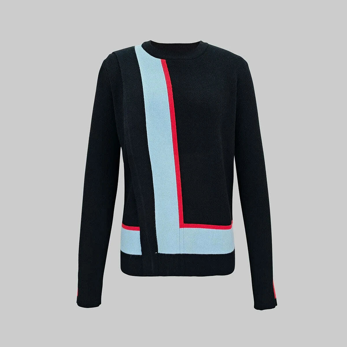 Modigirl Women's Black Contrast Color Knitting Retro Sweater 2026 Asymmetric Split-joint Office Business Casual Top for Woman