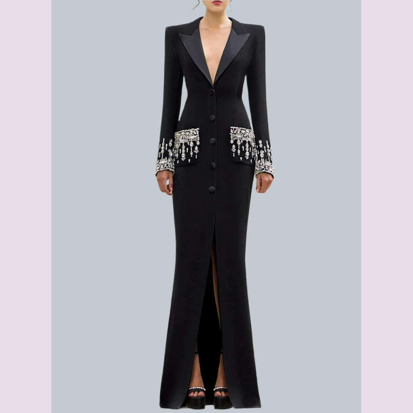 Modphy Elegant Black V-Neck Long Sleeve Diamond Beads Saudi Prom Gown Floor Length Formal Evening Party Dresses For Women 2024 - KIMLUD