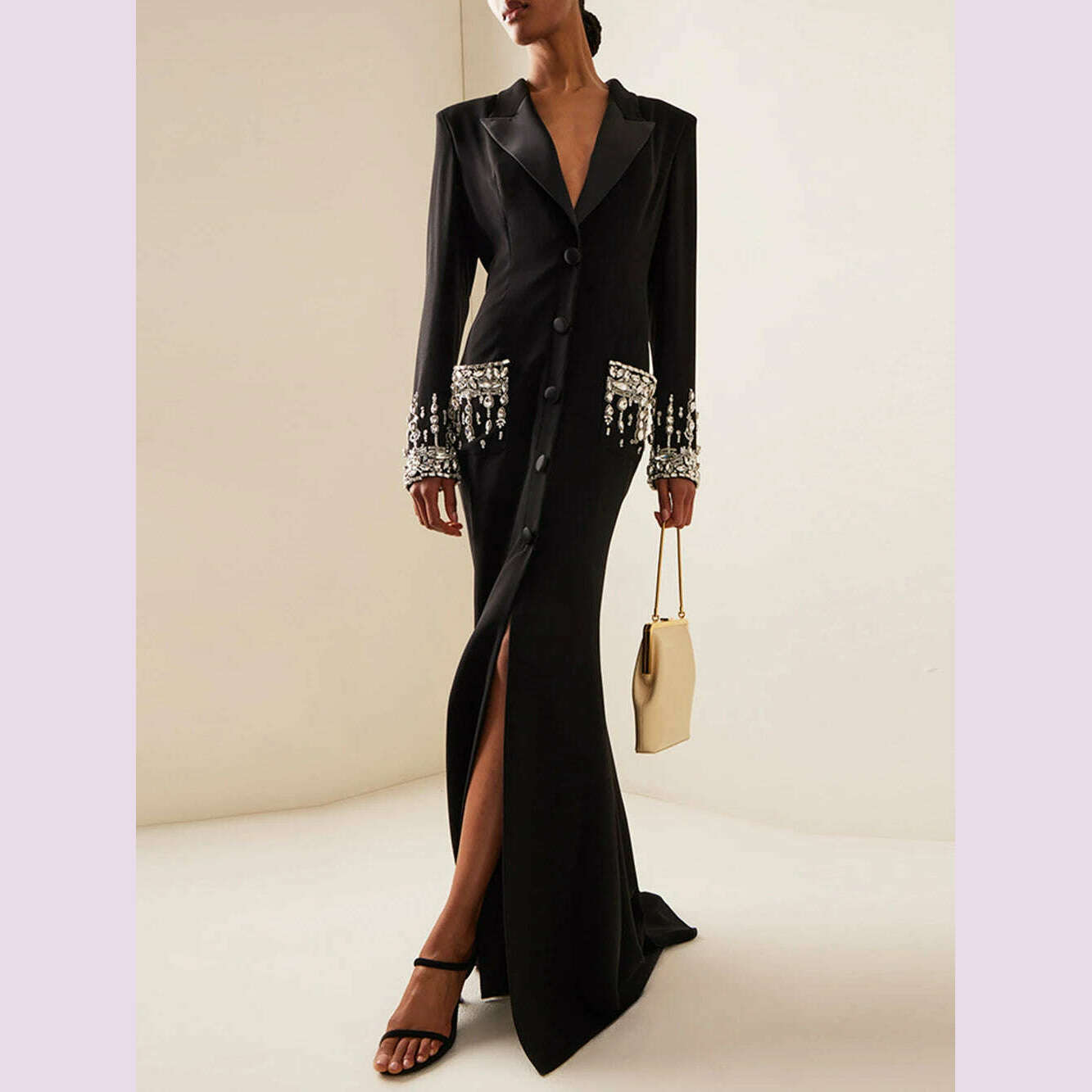 Modphy Elegant Black V-Neck Long Sleeve Diamond Beads Saudi Prom Gown Floor Length Formal Evening Party Dresses For Women 2024 - KIMLUD