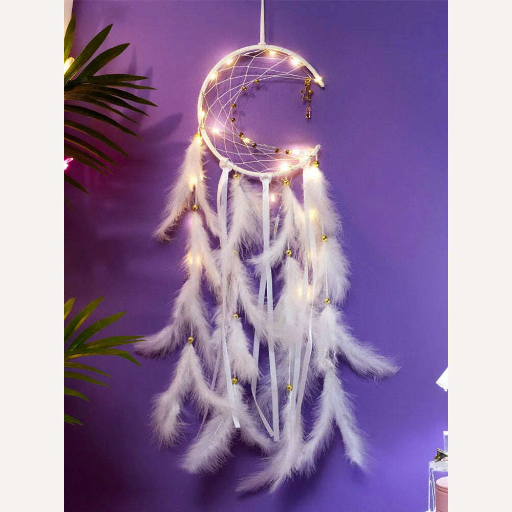 KIMLUD, Moon Dream Catcher Feather Wind Chimes Hand-woven Wall Bedroom Hanging Ornaments Birthday Festival Gifts Home Decoration Crafts, KIMLUD Womens Clothes