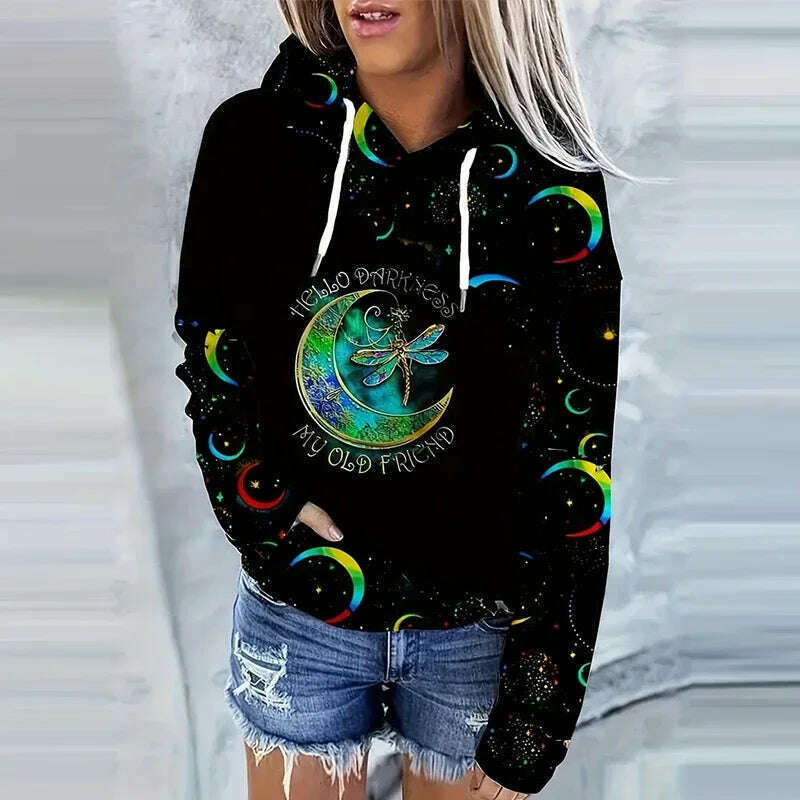 Moon Print Drawstring Hoodie Casual Long Sleeve Hooded Sweatshirt Women's Clothing - KIMLUD