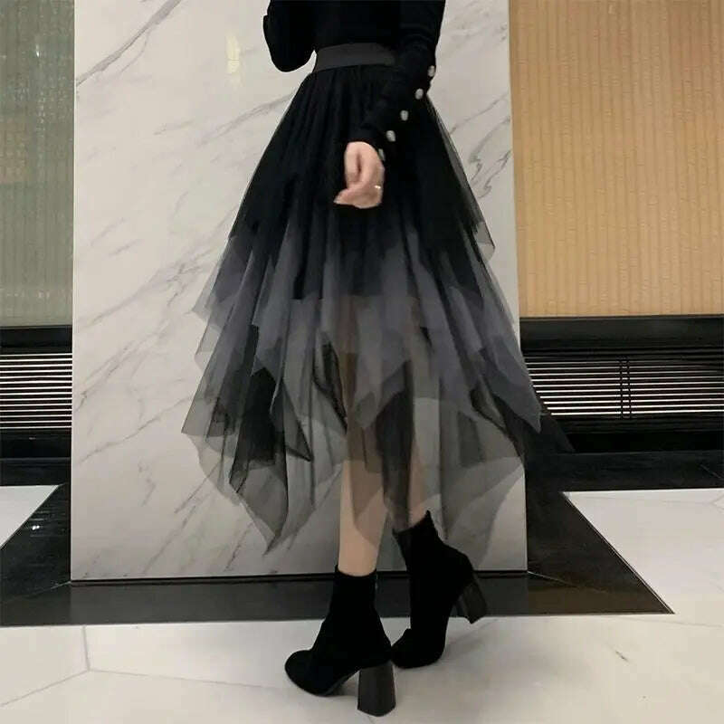 MOONBIFFY 2023 New Spring Summer Women Gradient Irregular Mesh Skirt High Waist Patchwork Skirts Party Petticoat Casual Clothing - KIMLUD