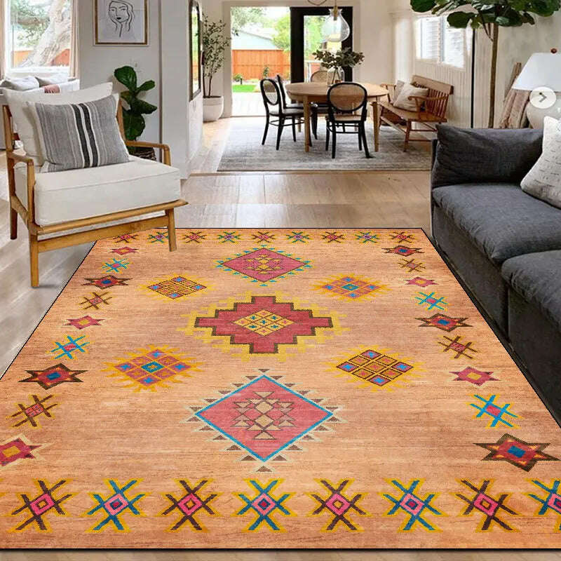 KIMLUD, Moroccan Ethnic Style Carpet and Rug Retro Yellow Green Geometric Home Decor Hallway Kitchen Bedroom Bedside Non-Slip Floor Mat, KIMLUD Womens Clothes
