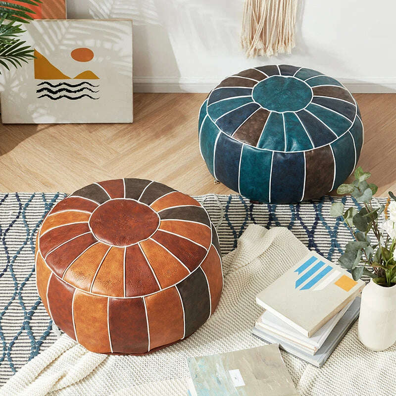 KIMLUD, Moroccan PU Leather Pouf Embroider Craft Hassock Ottoman Footstool Home Decor Round 55cm Artificial Leather Unstuffed Cushion, KIMLUD Womens Clothes