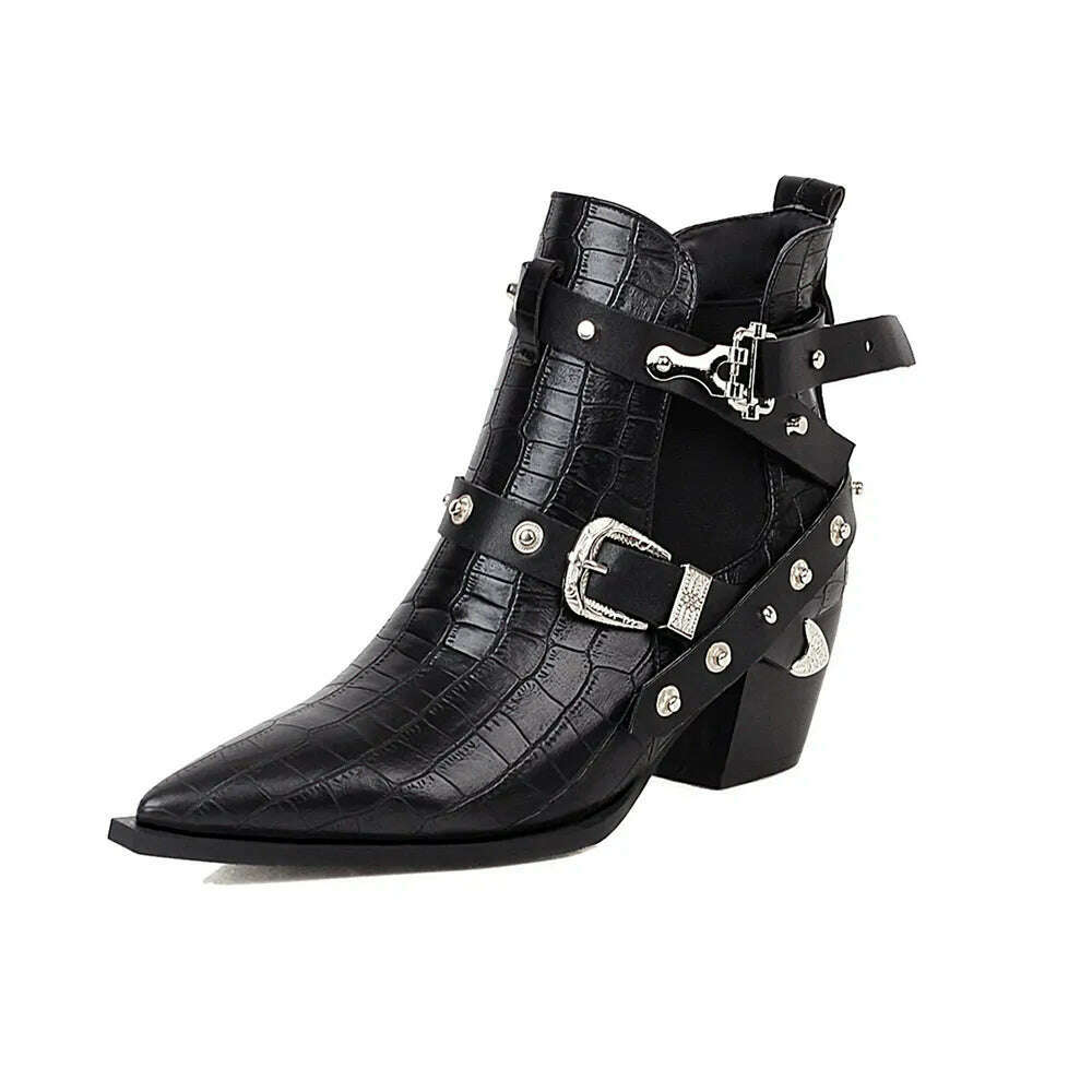 Motorcycle Western Cowboy Boots Women Snake PU Leather Short Cossacks High Heels Pointed Cowgirl Booties Buckle Womens Shoes - KIMLUD
