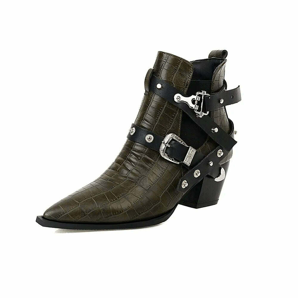 KIMLUD, Motorcycle Western Cowboy Boots Women Snake PU Leather Short Cossacks High Heels Pointed Cowgirl Booties Buckle Womens Shoes, ArmyGreen / 34, KIMLUD Women's Clothes