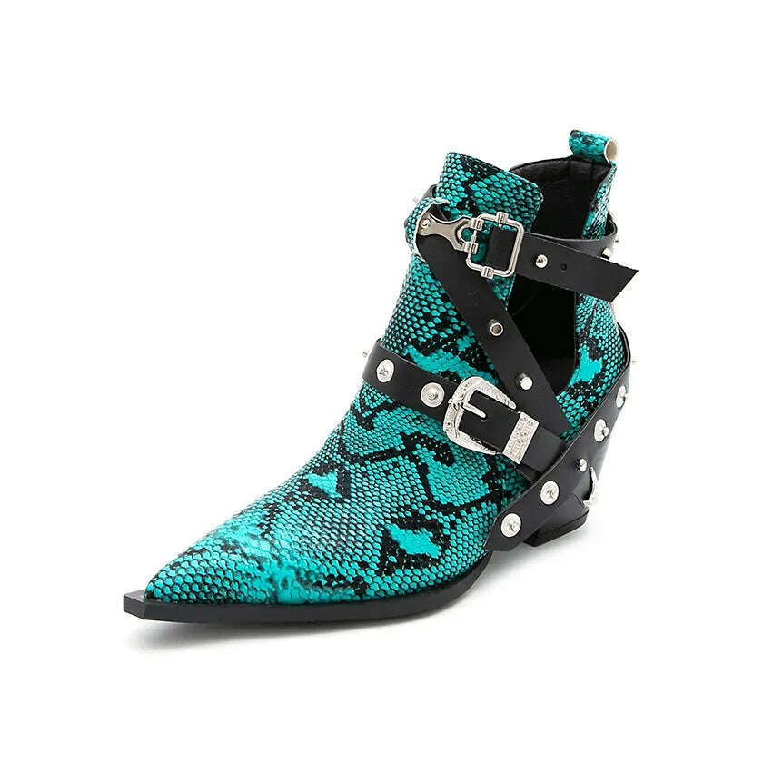 KIMLUD, Motorcycle Western Cowboy Boots Women Snake PU Leather Short Cossacks High Heels Pointed Cowgirl Booties Buckle Womens Shoes, Green A / 34, KIMLUD Women's Clothes