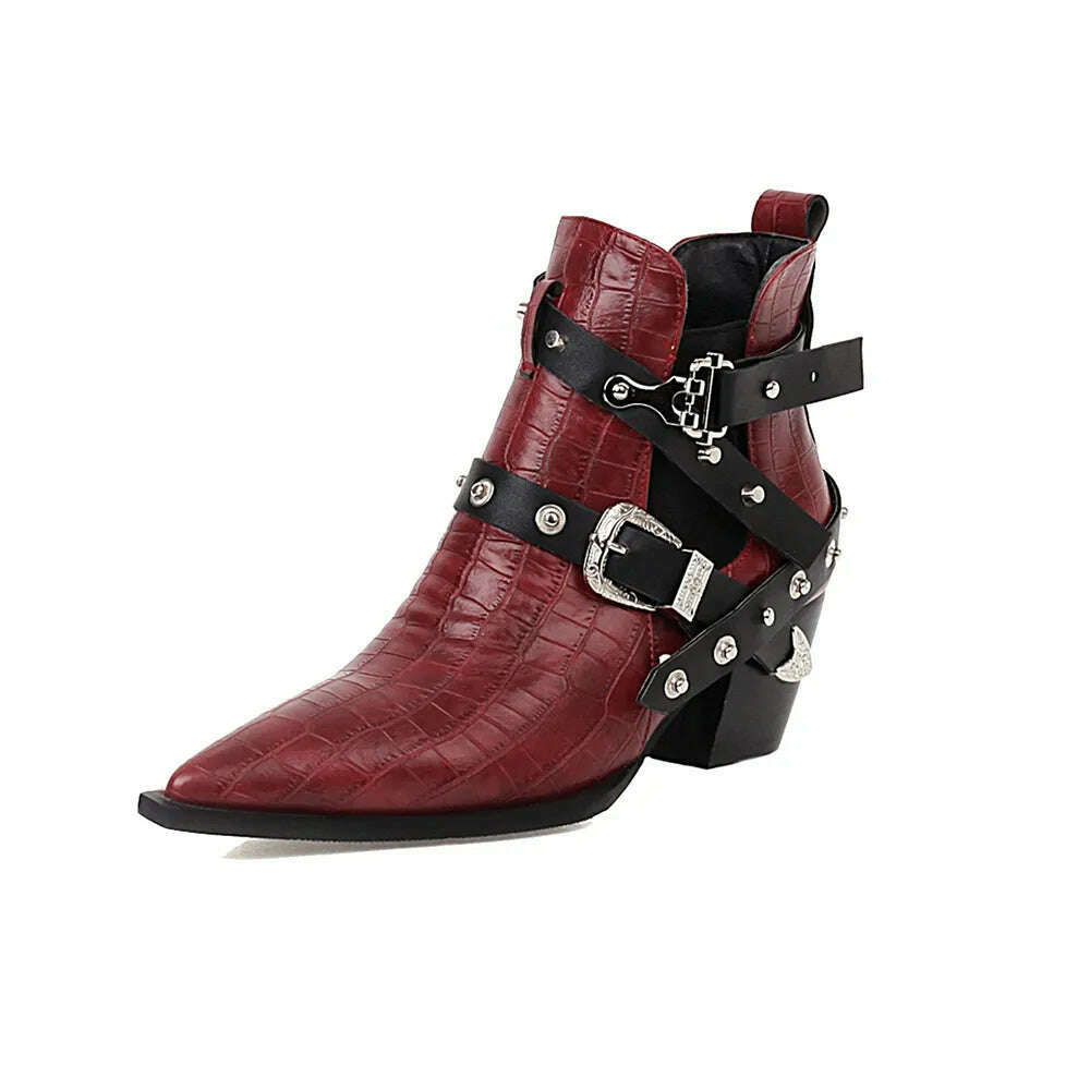 KIMLUD, Motorcycle Western Cowboy Boots Women Snake PU Leather Short Cossacks High Heels Pointed Cowgirl Booties Buckle Womens Shoes, Red / 34, KIMLUD Women's Clothes