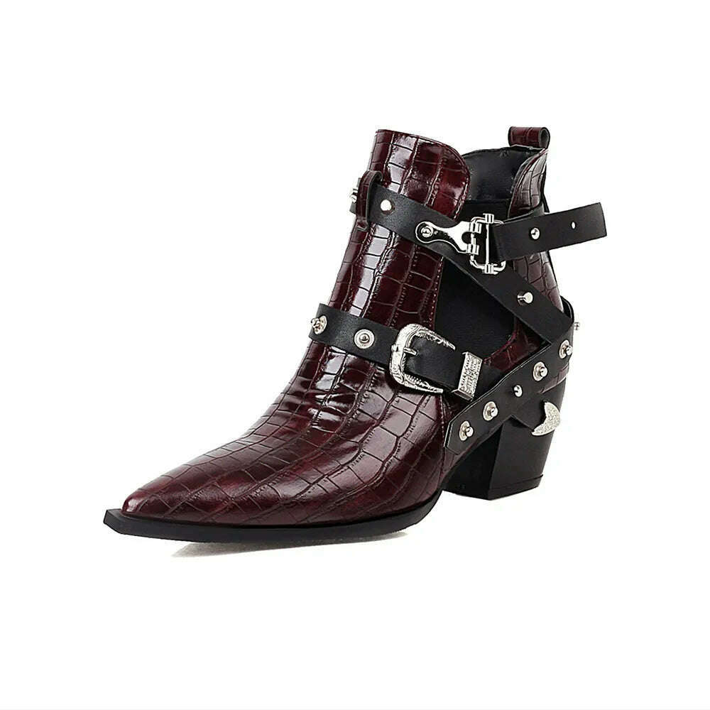 KIMLUD, Motorcycle Western Cowboy Boots Women Snake PU Leather Short Cossacks High Heels Pointed Cowgirl Booties Buckle Womens Shoes, Wine red / 34, KIMLUD Women's Clothes