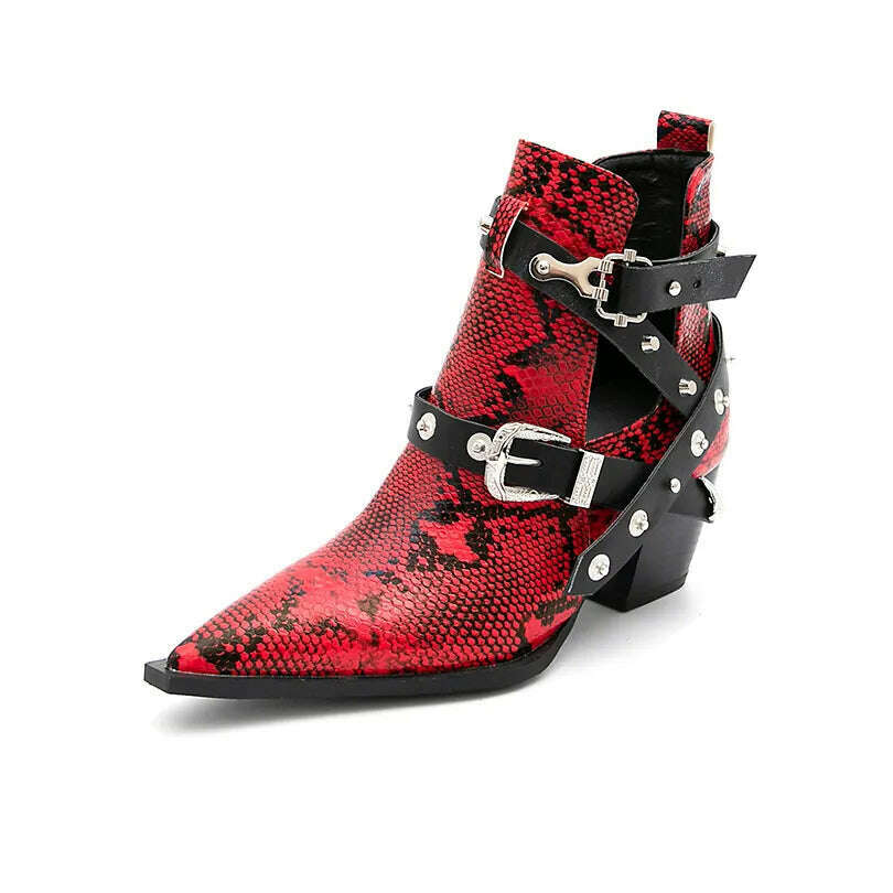 KIMLUD, Motorcycle Western Cowboy Boots Women Snake PU Leather Short Cossacks High Heels Pointed Cowgirl Booties Buckle Womens Shoes, Red A / 34, KIMLUD Womens Clothes