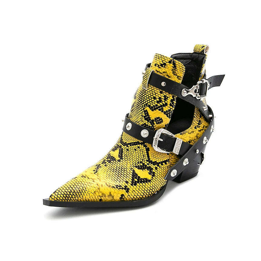 KIMLUD, Motorcycle Western Cowboy Boots Women Snake PU Leather Short Cossacks High Heels Pointed Cowgirl Booties Buckle Womens Shoes, Yellow A / 34, KIMLUD Women's Clothes