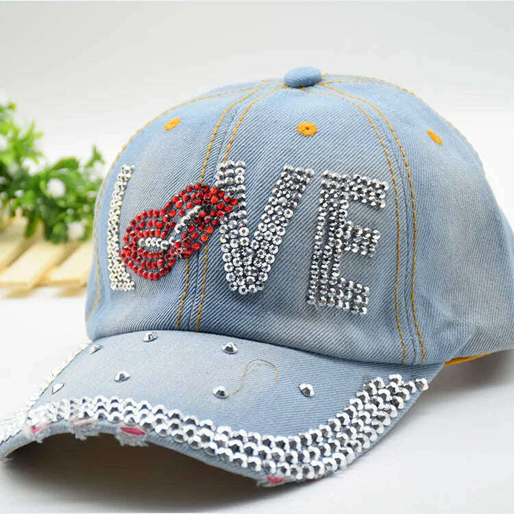 KIMLUD, Mouth LOVE Rhinestone Denim Baseball Cap Good Quality Skull Outdoor Sports Snapback Hats For Men Women 2018 Wholesale Brand, gray / Adjustable, KIMLUD Womens Clothes