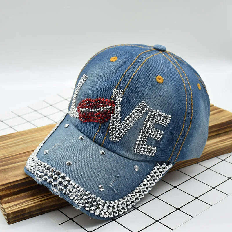 KIMLUD, Mouth LOVE Rhinestone Denim Baseball Cap Good Quality Skull Outdoor Sports Snapback Hats For Men Women 2018 Wholesale Brand, KIMLUD Womens ClothesKIMLUD, Mouth LOVE Rhinestone Denim Baseball Cap Good Quality Skull Outdoor Sports Snapback Hats For Men Women 2018 Wholesale Brand, Cowboy blue / Adjustable, KIMLUD APPAREL - Womens Clothes