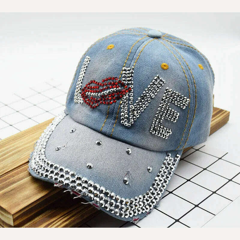 KIMLUD, Mouth LOVE Rhinestone Denim Baseball Cap Good Quality Skull Outdoor Sports Snapback Hats For Men Women 2018 Wholesale Brand, KIMLUD Womens Clothes